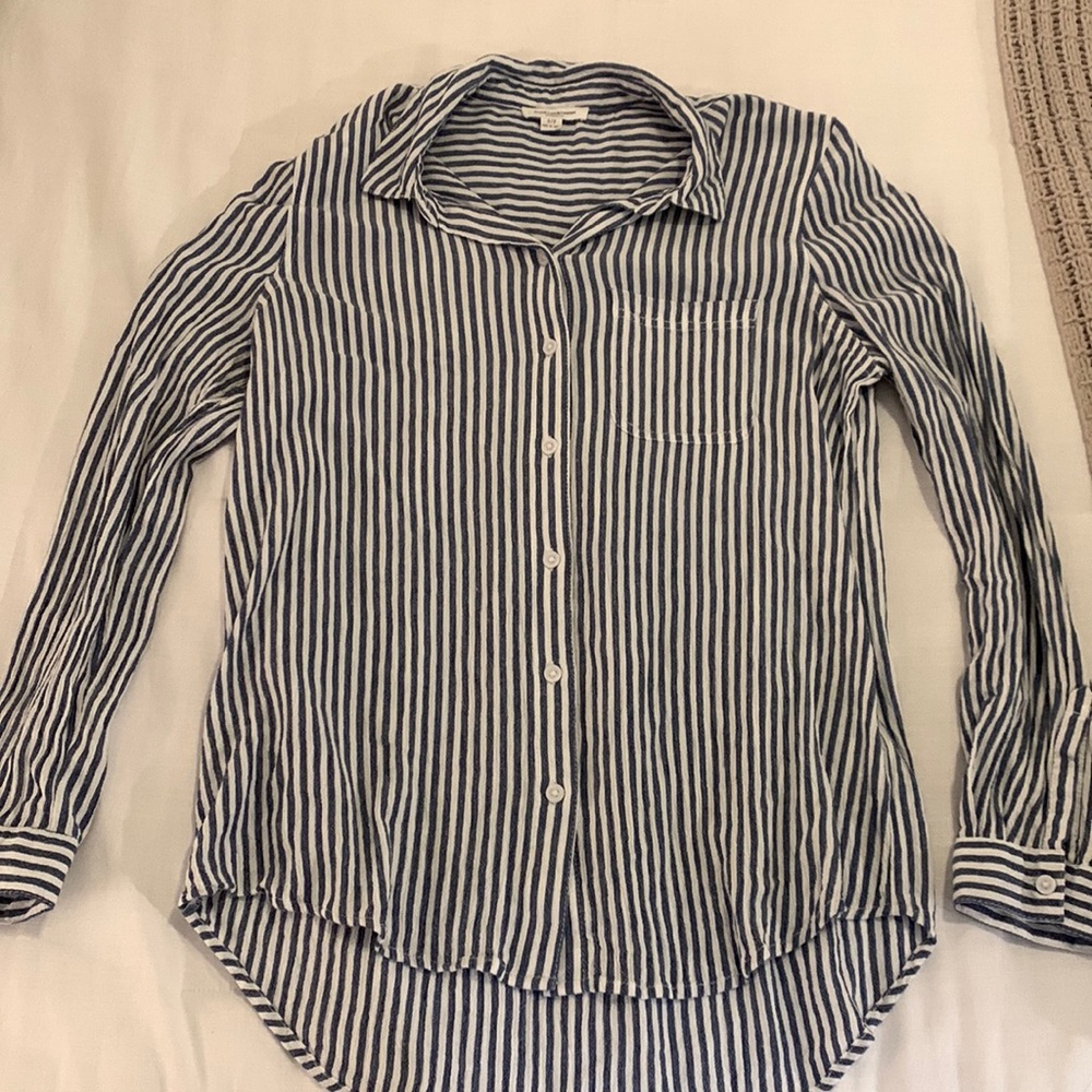 Linen Blue & White Striped Button Down